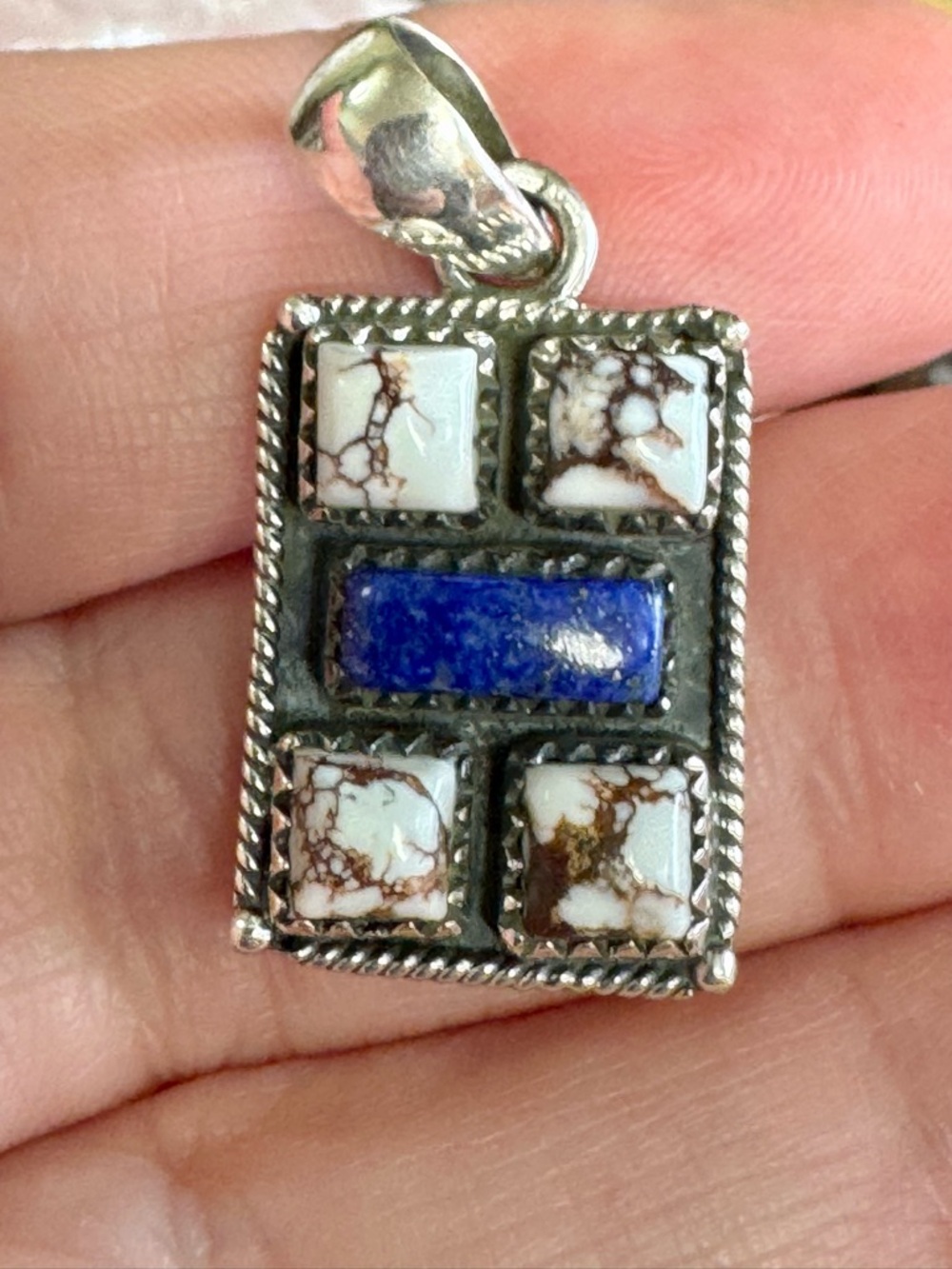 Wild Horse and Lapis Lazuli Southwestern Rectangular Sterling Silver Pendant